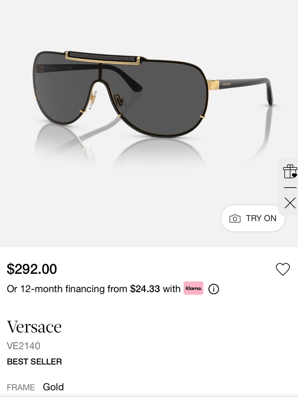 Versace MENS WOMENS Unisex Gold and Black Shield Sunglasses VE2140